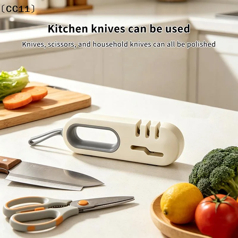 Multi-Function White Grey Knife Sharpener Four-in-One Sharpening The Knife Scissors Available Anti-Slip Kitchen Sharpening〔CC11〕