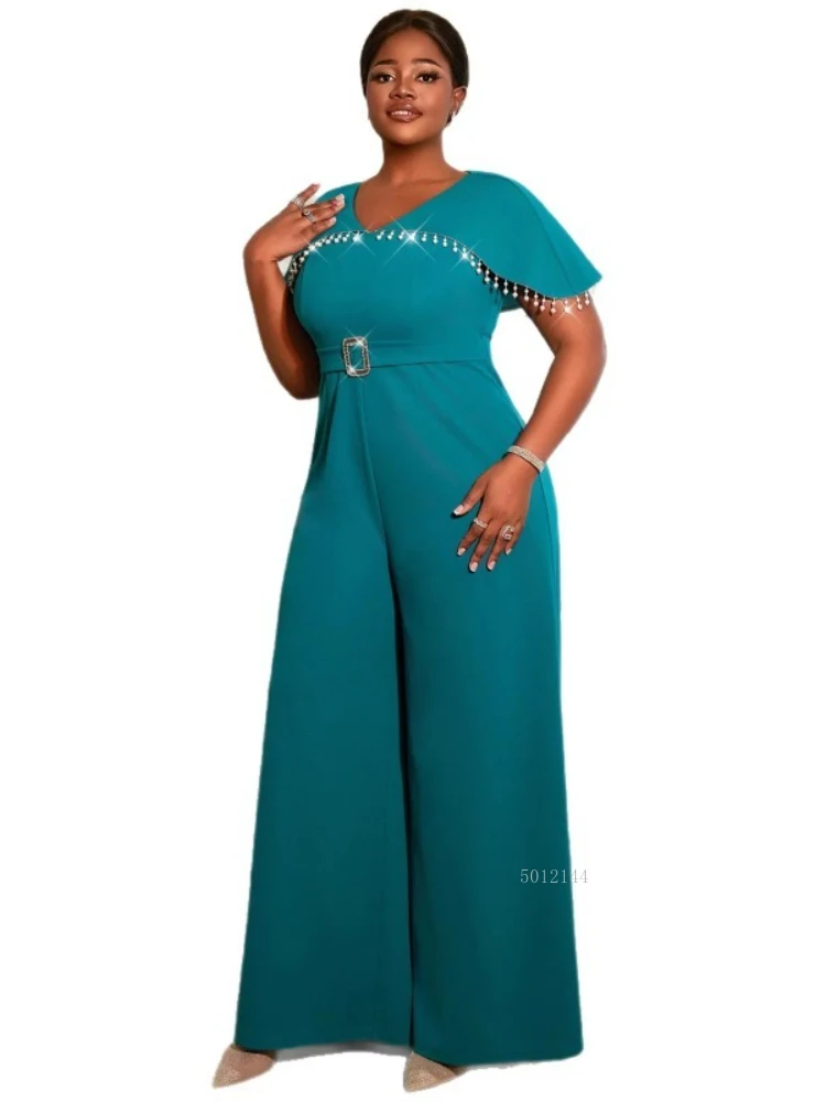 

plus Size L-4XL African Dashiki Jumpsuit for Women Short Sleeve V-neck Autumn Polyester Long Jumpsuit African Clothing