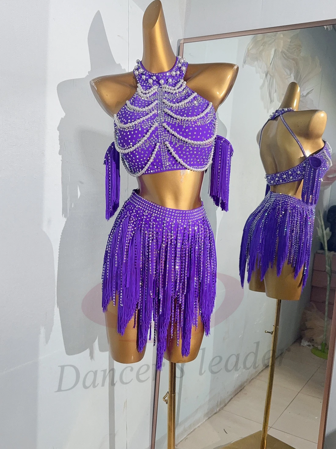 라틴 댄서, 성인, 어린이 고급 맞춤형 보라색 술 스커트, 삼바 라인스톤 퍼포먼스 드레스