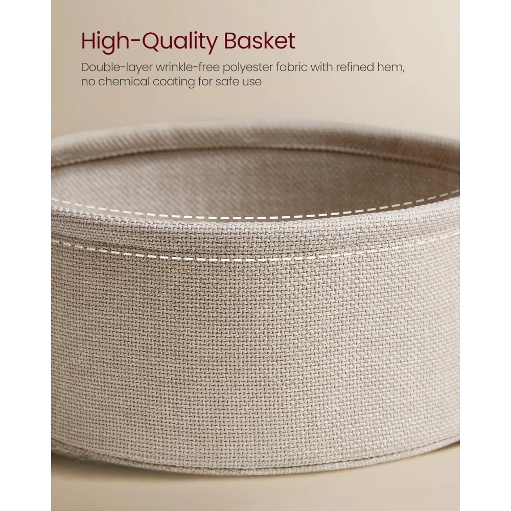 طاولة قهوة مع مساحة تخزين، طاولة مركزية مستديرة لغرفة المعيشة مع سلة قماش، طراز حديث، إطار معدني، أبيض غير لامع وكاليفورنيا