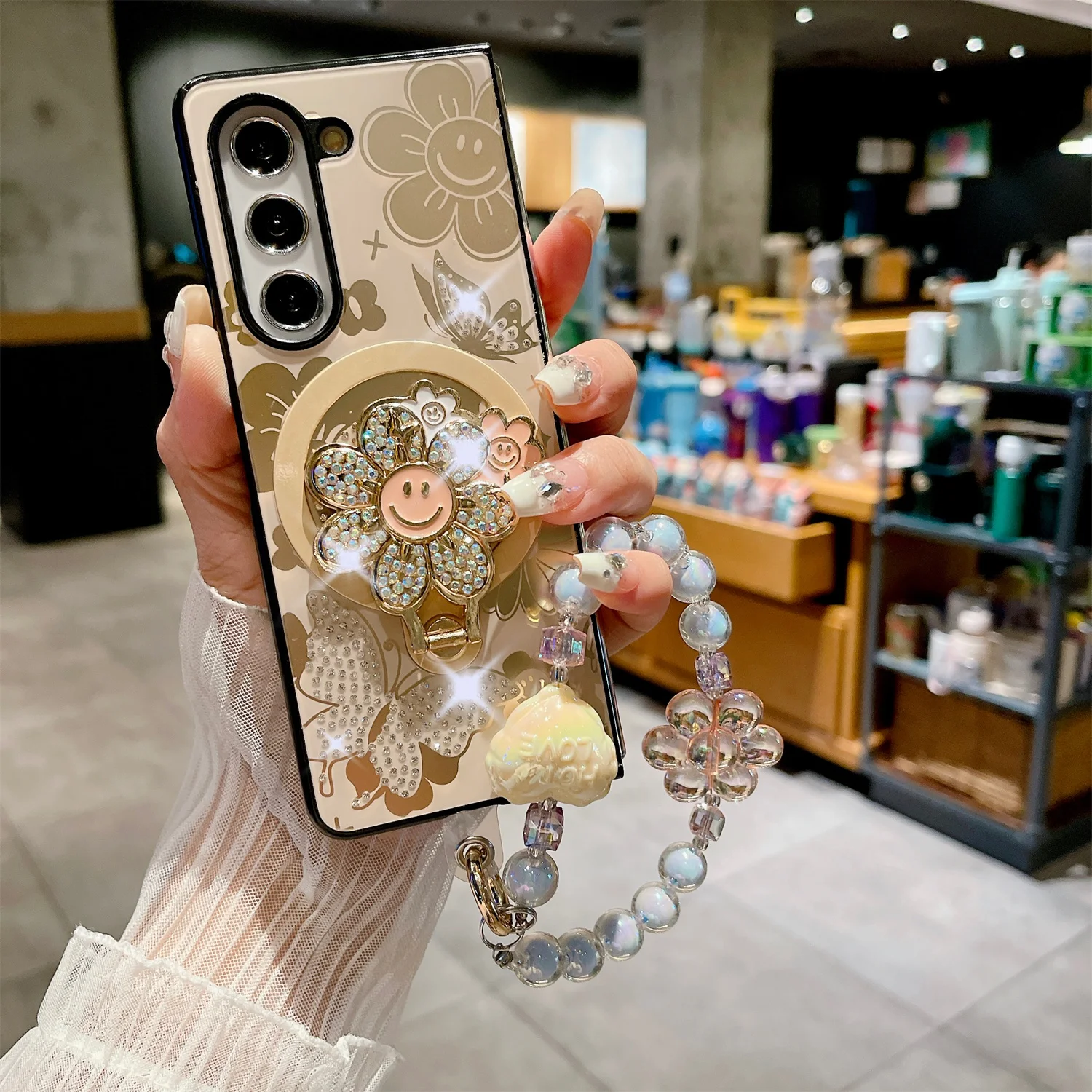 TYBOMB Luxury Pearl Strap Flower Magnetic Ring Holder Case for Galaxy Z Fold 5 Z Fold 4 Wireless Charging Folding Phone Cover