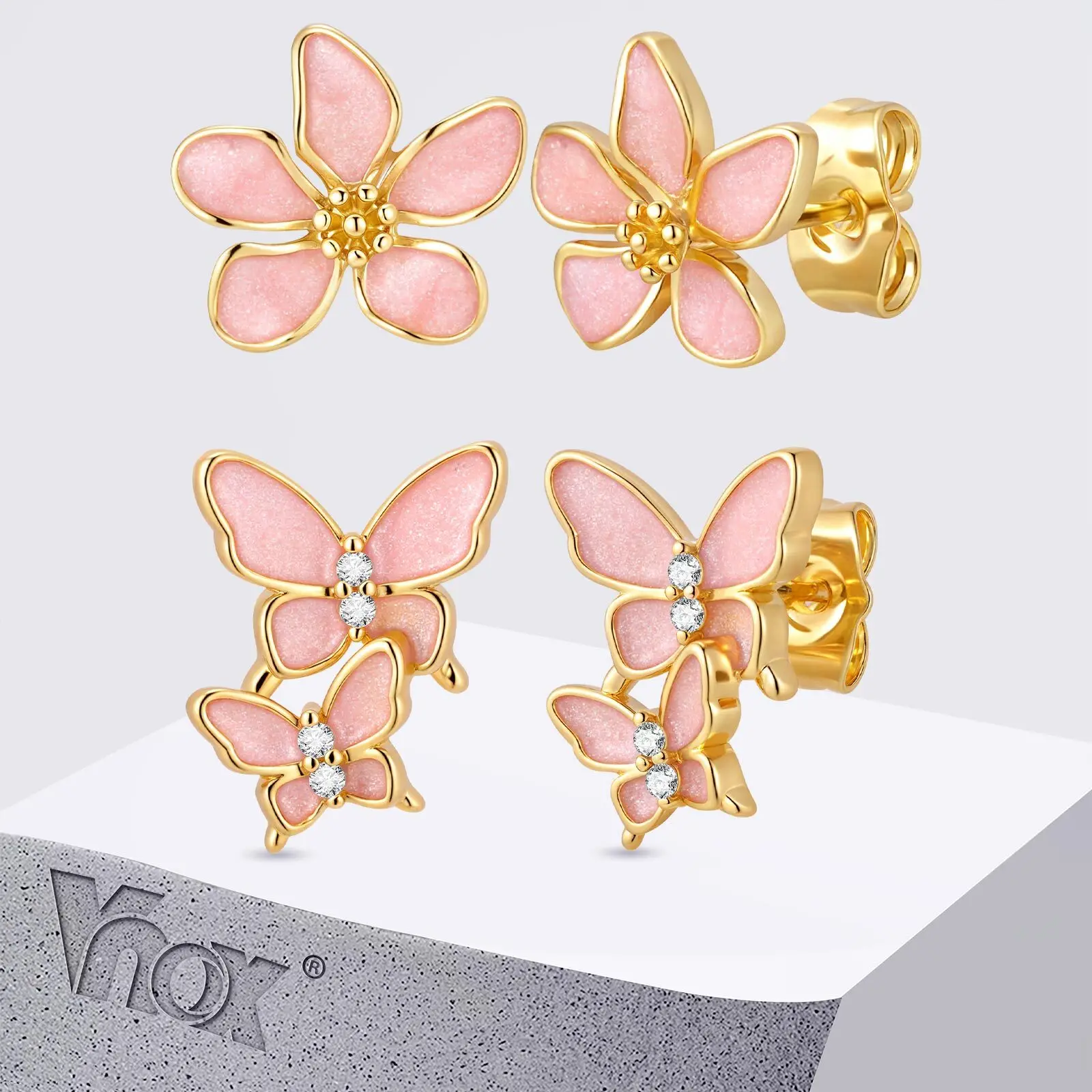 

Vnox French Elegant Butterfly Women's Pink Stud Earrings, Metal Ear Needle Micro Zircons, 18K Gold Plated Jewelry