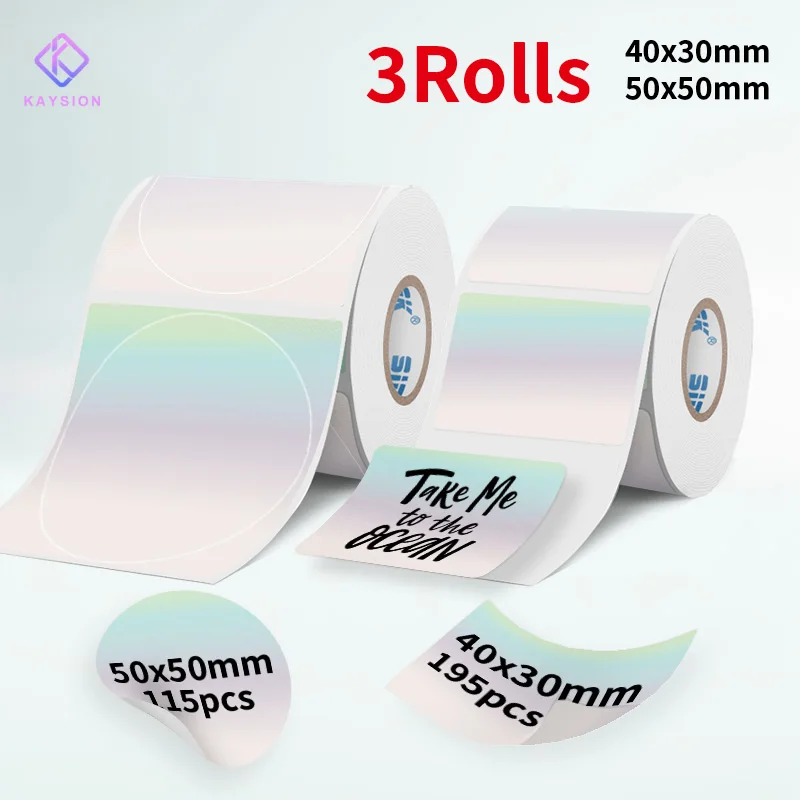 

KAYSION 3rolls Silver Holographic Thermal Sticker fit for Phomemo m110/m220 label printer Thermal Label Paper for Gift Packaging