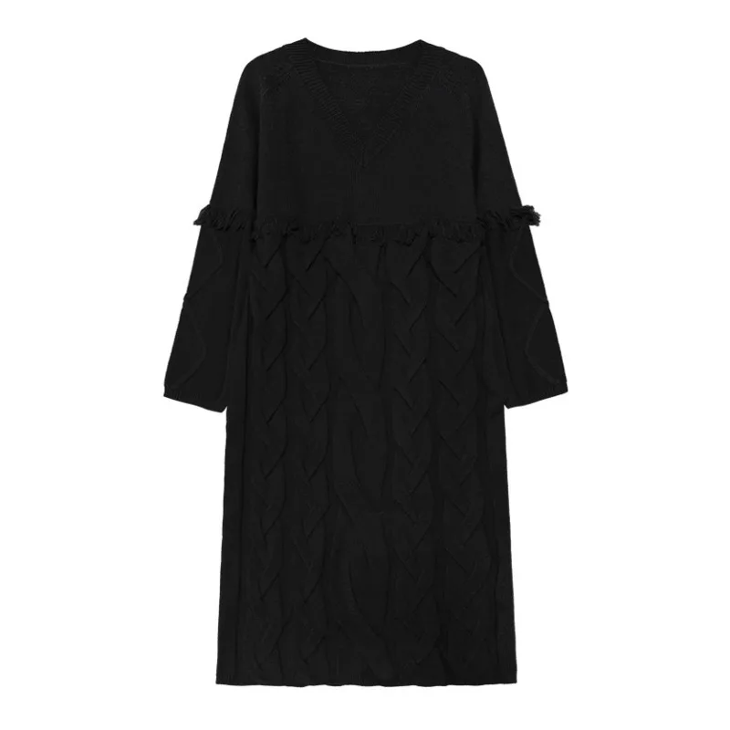 HKSH Herbst Winter Neue Frauen Lange Pullover Kleid V-ausschnitt Quaste Einfarbig Elegante Trend Casual Übergroßen Gestrickte Kleider HK16178