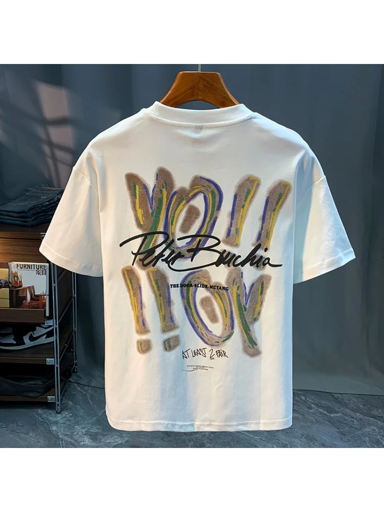 2024 Summer Thin Short-Sleeved T-shirt Men's Stretch Street Graffiti Trendy Printed T-shirt Casual Top
