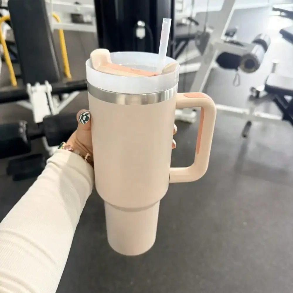 40oz Tumbler with Handle Solid Cream Plain Insulated Cup, Other colors sold out, random black or white shipment for other color orders