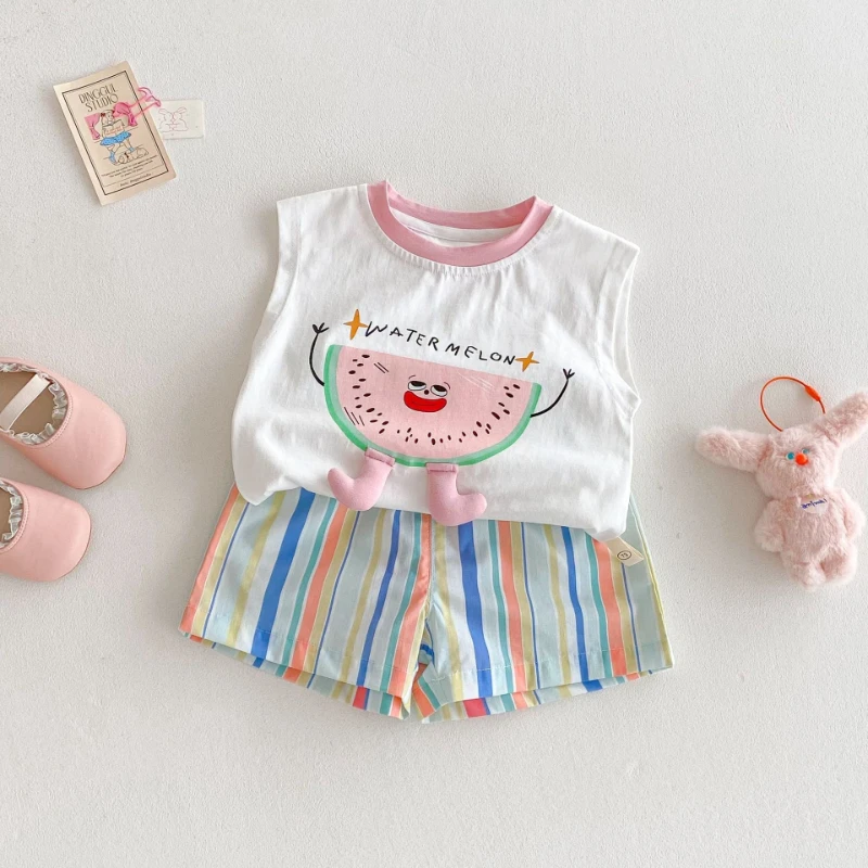 

2026 New Summer Children's Hot Selling Western-style Watermelon Printed T-shirt and Colorful Striped Shorts
