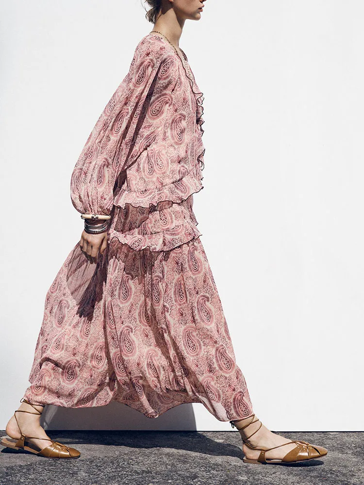 Nova Chegada de Primavera ZA2025 Vestido F E de Manga Longa com Estampa Estilo Decorativo em Camadas Material E...