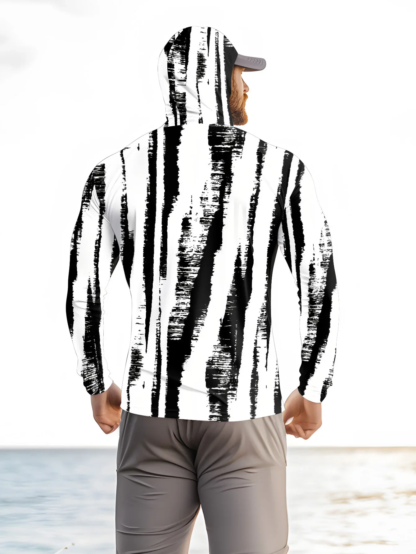 Men Black‑White Stripe Fishing Hoodie With Face Mask UPF50+ Quick Dry Sun Protection Long Sleeve Outdoor Fishing Tops view 3