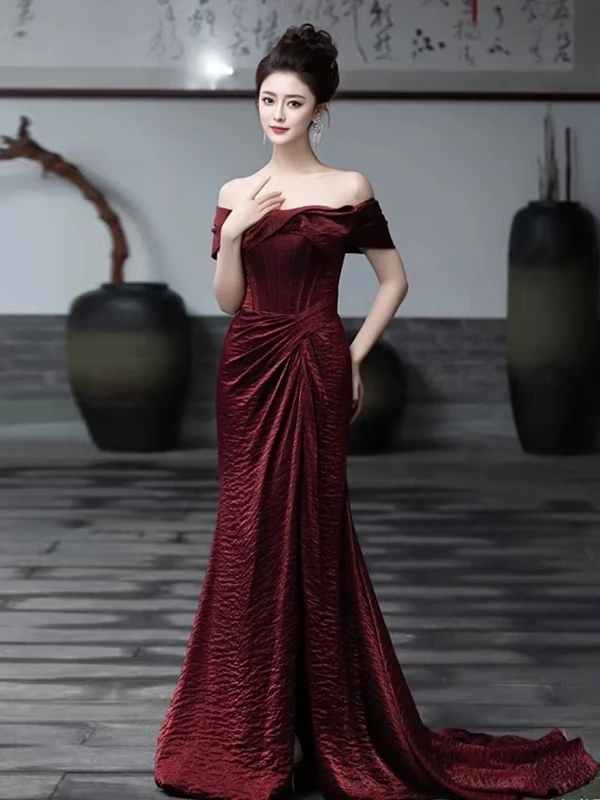 

Red One-oulder Fi-Tail Split Evening Gown New 2026 Wedding Dr Host Performance Long Dr Korean Sle Zipper Ba