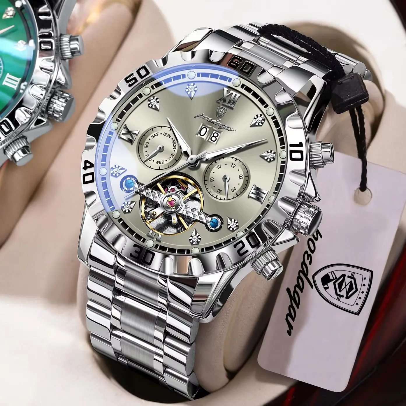 POEDAGAR Top Fashion Men Watch Automatic Mechanical Date Week Man Wristwatch Hollow Tourbillon Business Men's Watches Male Reloj