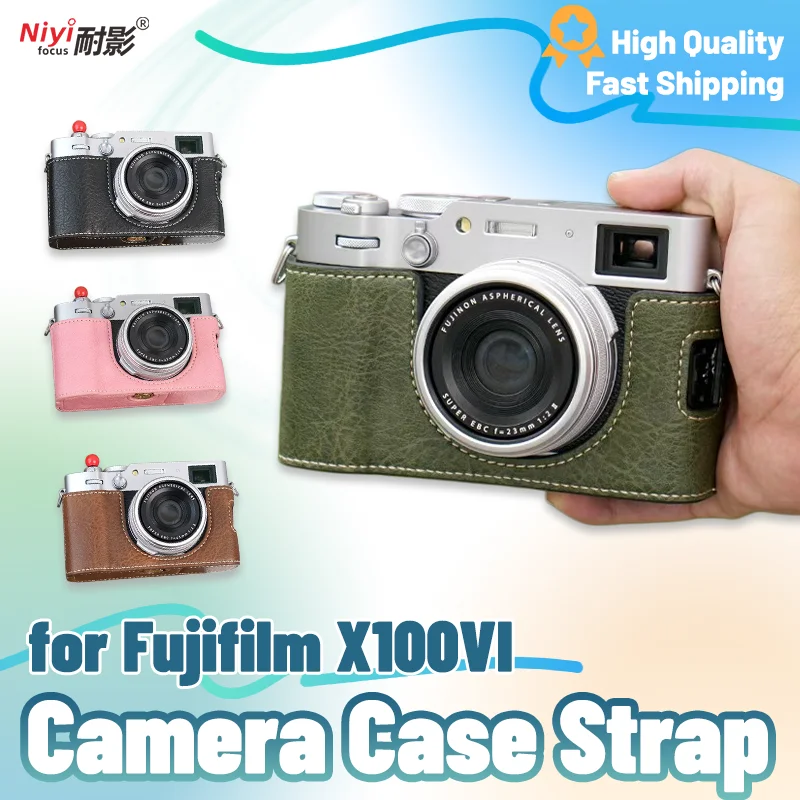 Kamera-Halbhülle für Fujifilm X100VI Fuji X100VI, künstliche Lederunterseite, offen, mit Schultergurt, Kameraschutz-Grundplatte