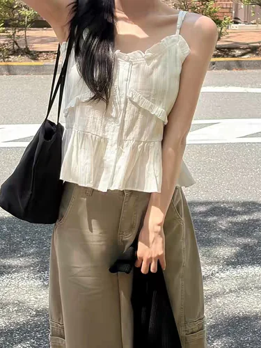 Retro Pleated Texture Buttoned Lace Trim Strap Shirt Korean Style Women's Spring Autumn Winter Casual Inner Wear Top
