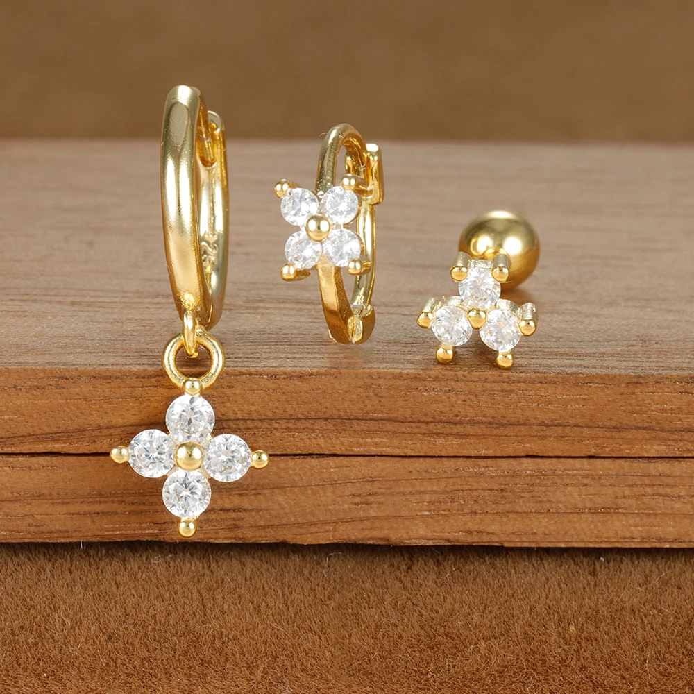 Vintage Gold Color Zircon Flower Pendant Hoop Earrings Set for Women Stainless Steel Fashion Huggies Piercing Jewelry aretes