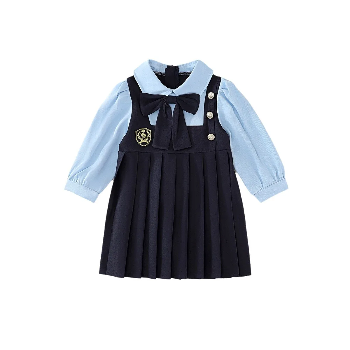 Spring Girls' Campus Style Long Sleeved Dresses Fake Two Pices 2025 Autumn New Children's Korean Version Bow Pleated Skirt