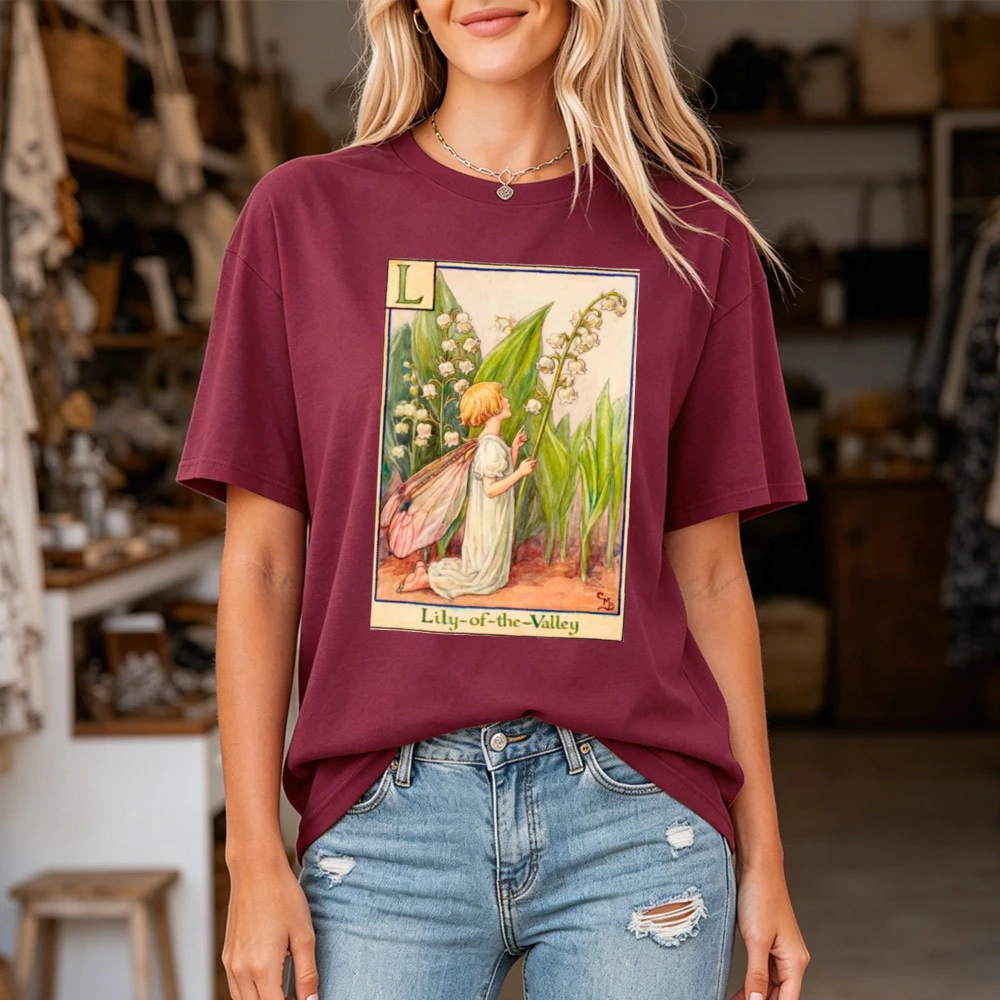 Vintage Lily Of The Valley Fairy Card Art T Shirt Women Botanical Flower Sprite Tee Cottagecore Aesthetic Top