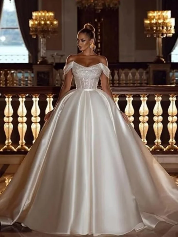 Sparkly Satin Off The Shoulder Long Prom Dresses Ball Gown Sequin A-Line Formal Evening Party Dress Draped Boat Neck Bridal Gown