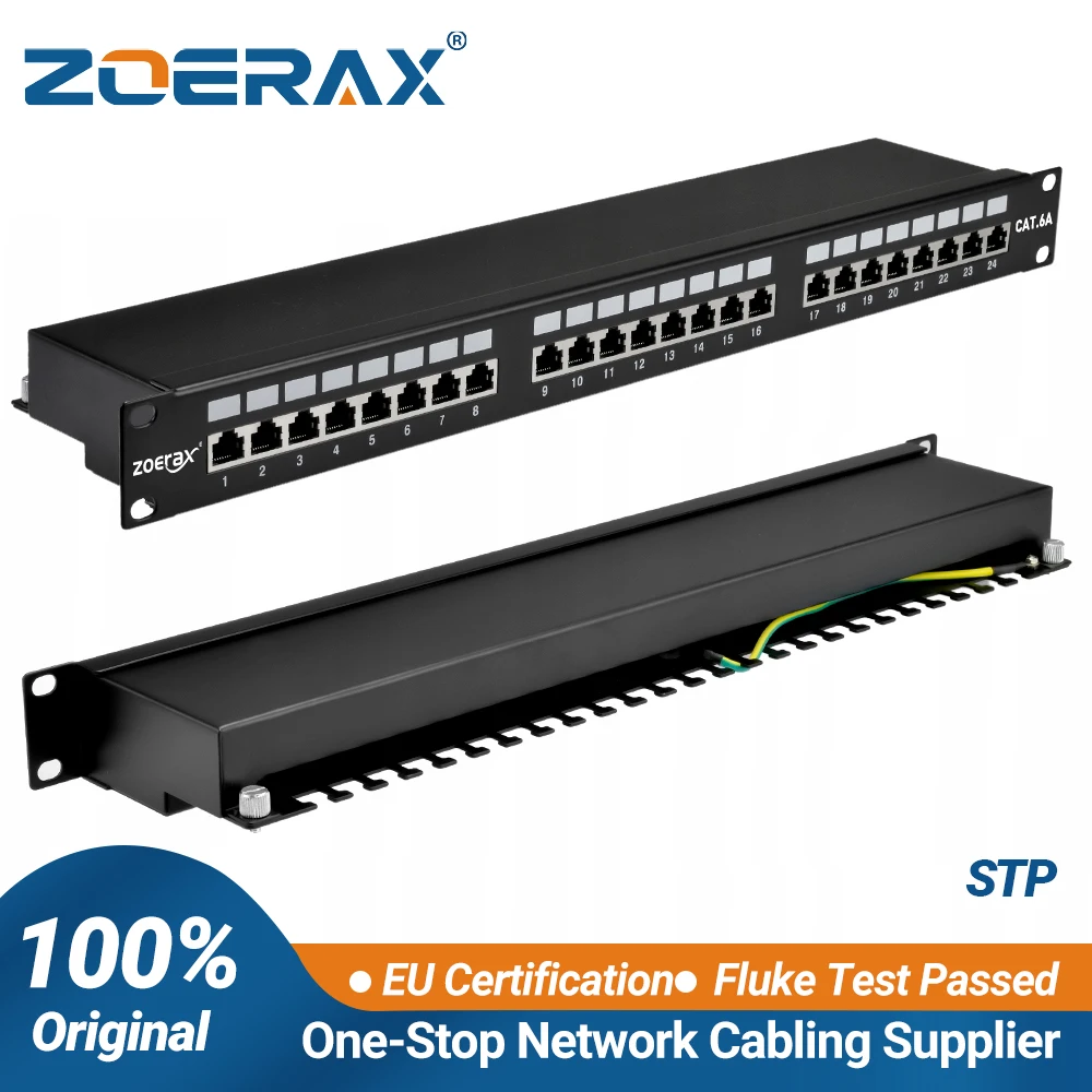 ZoeRax 24 Port CAT6A Shielded Patch Panel RJ45 CAT6A CAT6 CAT5E CAT5 Network Integrated Cable Organizer 1U 19-inch Patch Panel