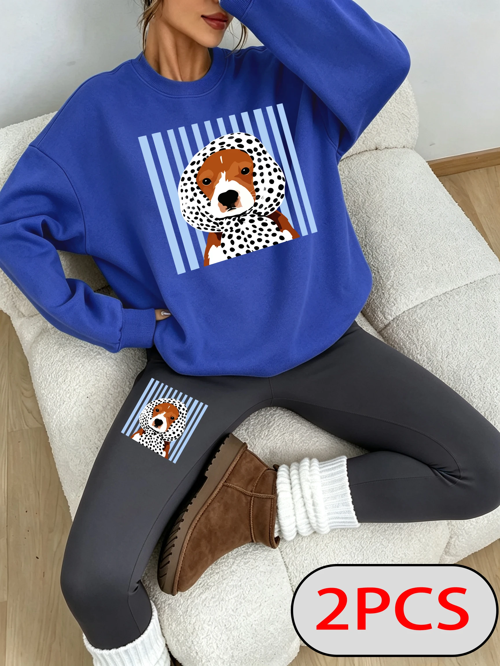 Ensemble sweat-shirt à imprimé chien et foulard à rayures bleues, pull à col rond Y2K pour femme, streetwear coréen d'automne, leggings en polaire épais
