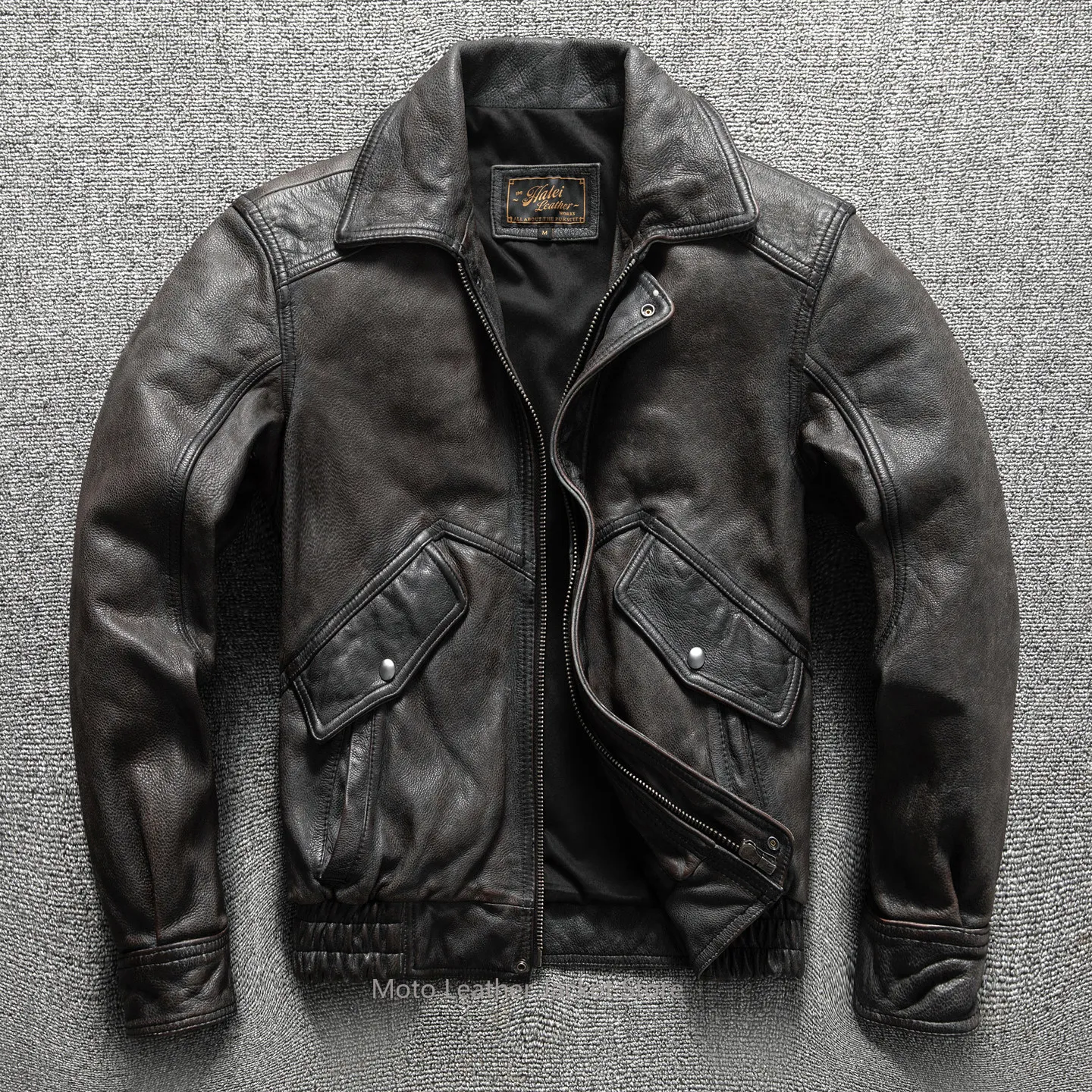 

Мужская черно-серая винтажная куртка из натуральной кожи (первый слой воловьей кожи) с эффектом потертости, в гонконгском стиле Amekaji, больших размеров, в стиле летной куртки