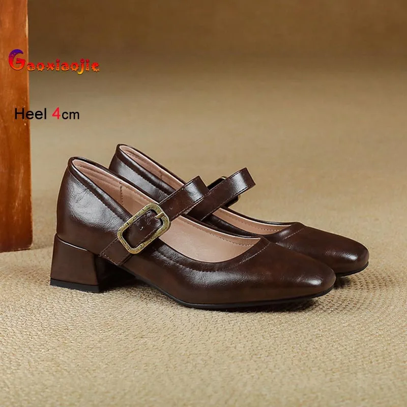

2026 French Style Vintage Women Pumps Fashion Brown Coarse Heel 4CM Work Single Shoes Casual Lady Mary Janes Shoes Size 35-40 CD