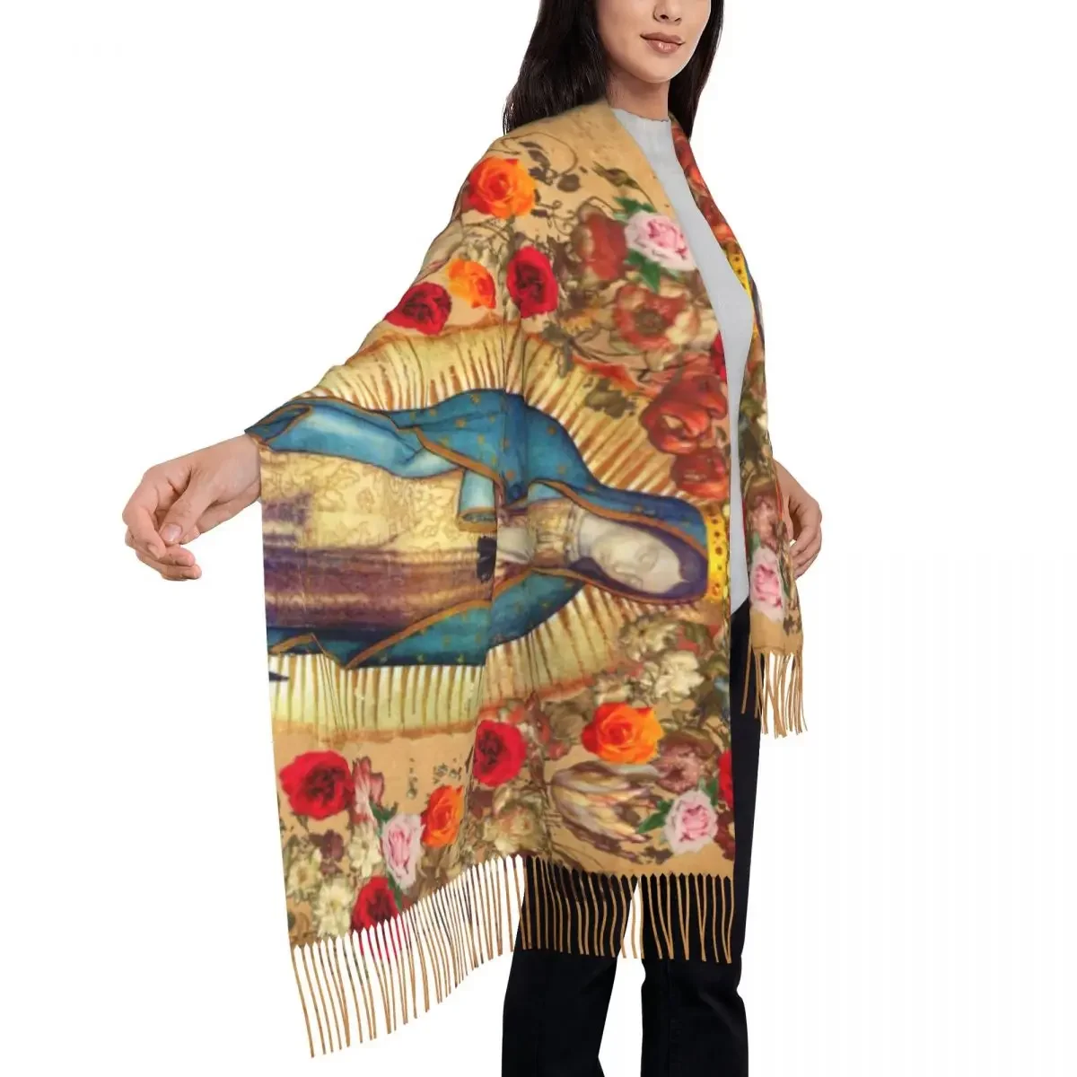 Ladies Long Our Lady Of Guadalupe Virgin Mary Scarves Women Winter Thick Warm Tassel Shawl Wrap Catholic Mexico Poster Scarf