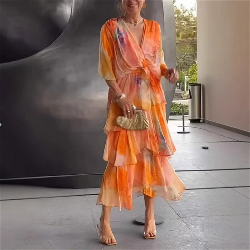 Elegant Chiffon Print Women's Long Layered Party Dress 2025 Summer Fashion Half-sleeved V-neck Lace-up Long Skirt Casual Wear