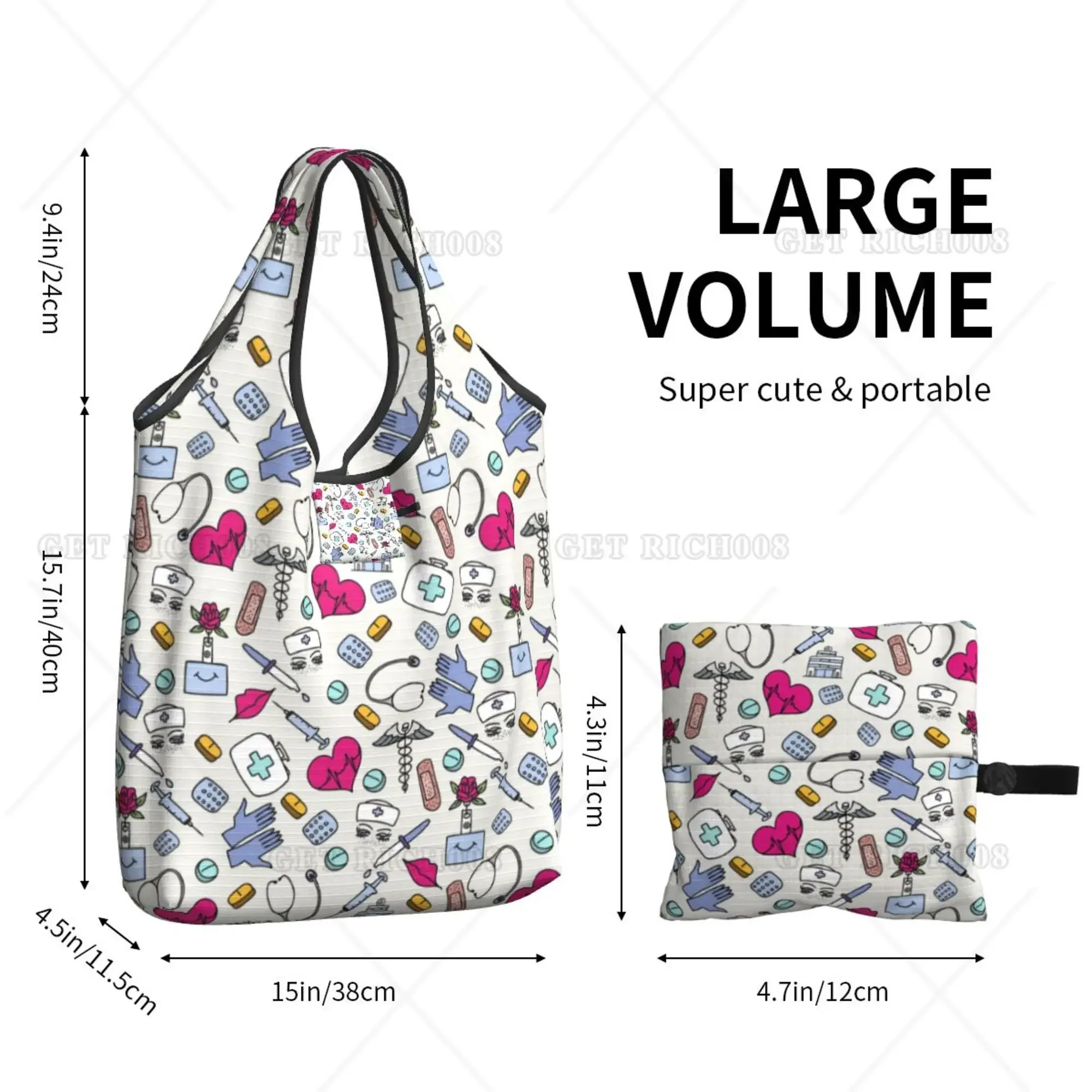 Funny Nurse Doctor Folding Tote Bags for Women Supermarket Bag Portable Eco-friendly Bag One Size No Zipper Work Outdoor