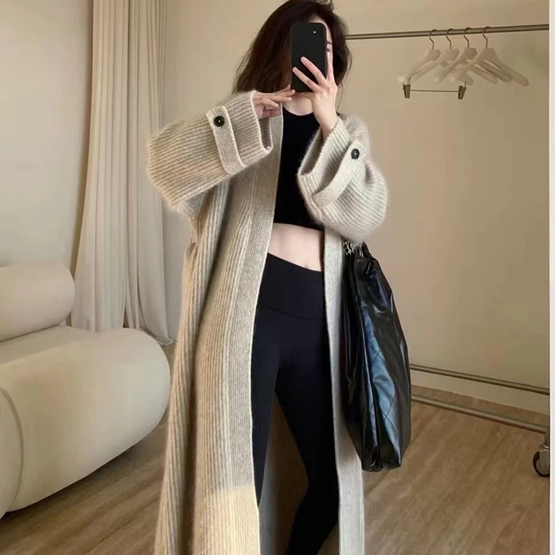 Long Sleeve Knit Sweater Cardigan Loose Long Coat Autumn Winter Women Clothing Casual High Street Vintage Simple Oversize Thick