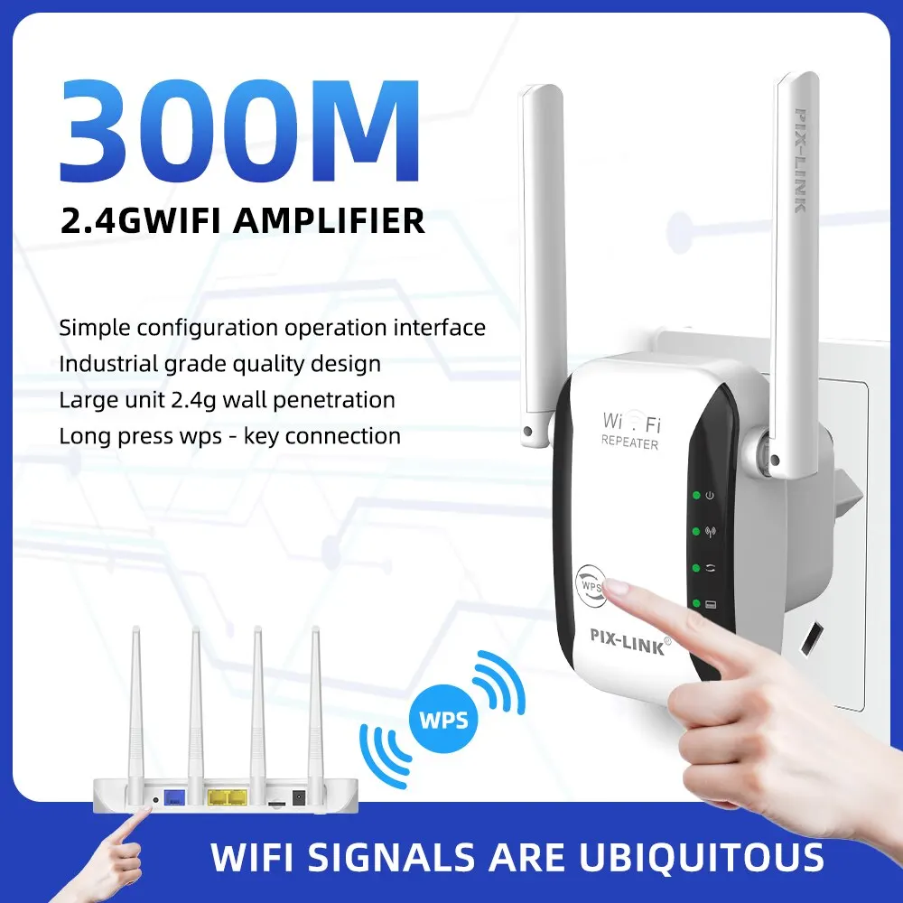 PIX-LINK LV-WR29 300Mbps WiFi Repeater 2.4G Signal Booster Amplifier، إشارة فائقة مع WPS، إعداد سهل، اختراق الجدار