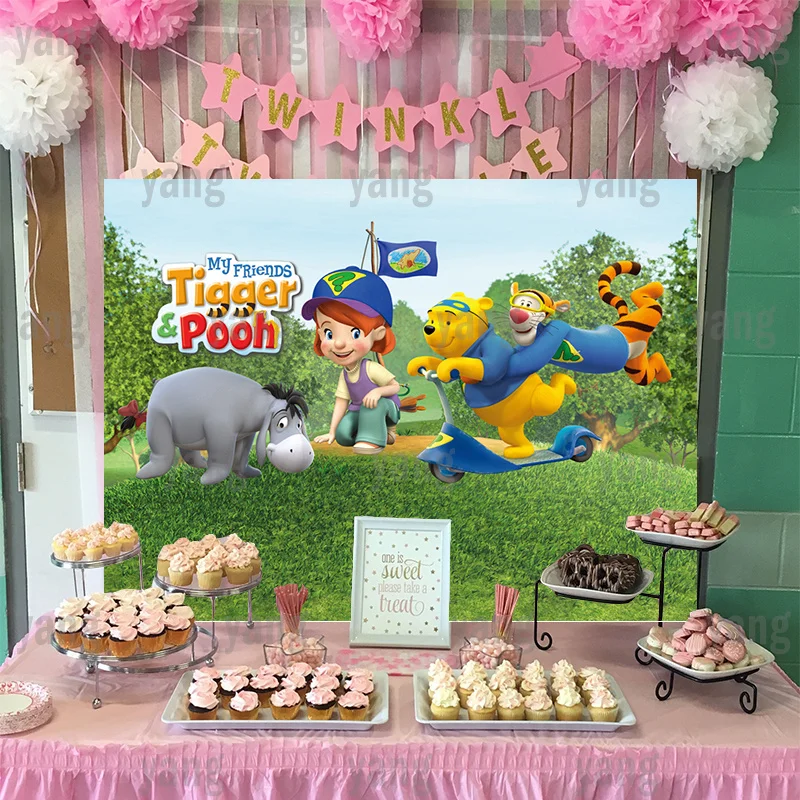 Cartoon Forest Background Birthday Lovely Disney Decoration Backdrop Party Winnie Bear Tigger Piglet Banner Custom Baby Shower