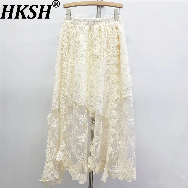 HKSH 2026 Spring Summer New Women Skirt Asymmetric Design Heavy Craft Embroidery Elastic Waisted Draped Ins Sweet Skirts HK17227