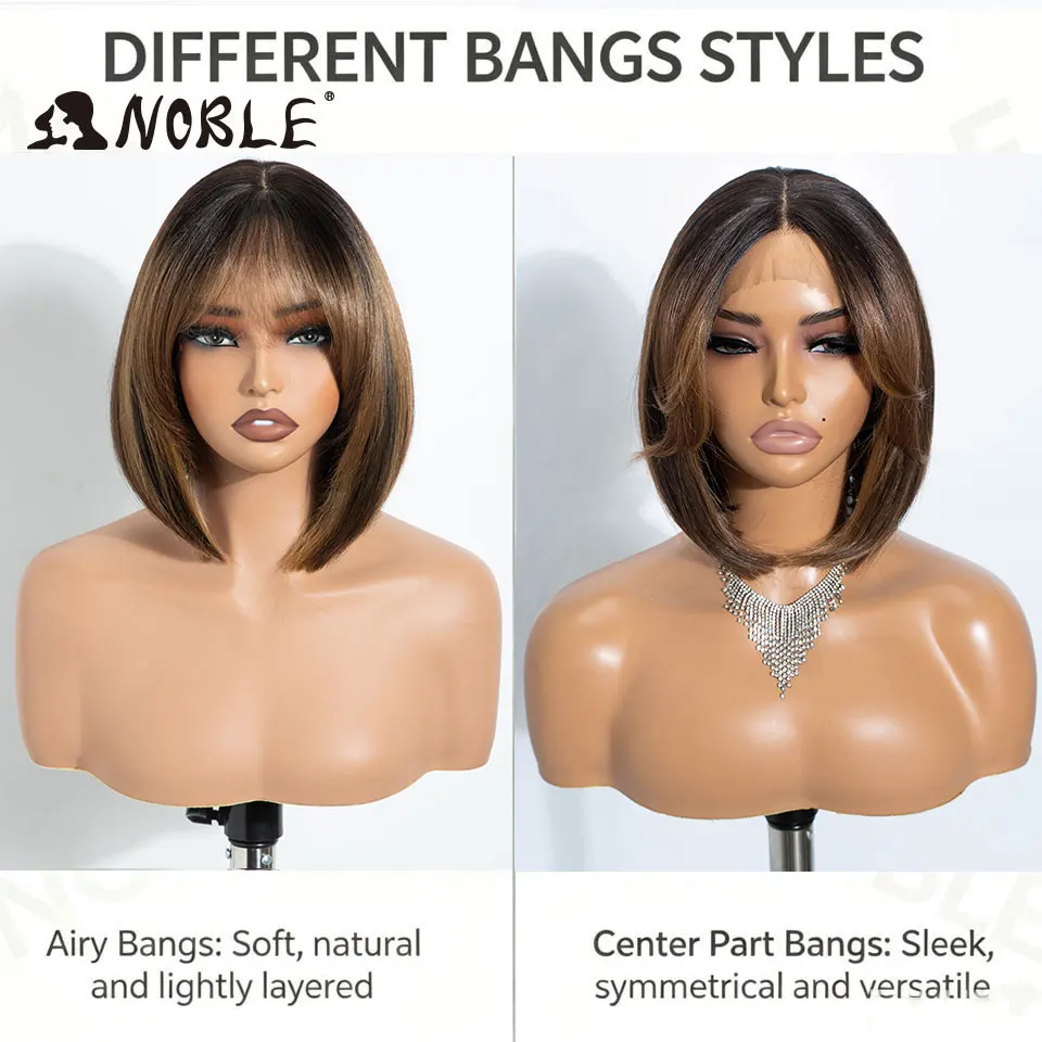 NOBLE 10 Zoll lange, gerade, synthetische Perücke mit Lace-Front und Pony, kurze Bob-Perücke für Damen, Ombré-Braun, hitzebeständig, für den täglichen Gebrauch. – Detail 3