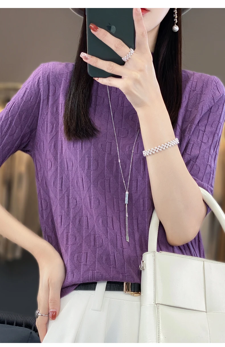 Women New Soft Diamond Letter Design Sweater Half-high Collar Three Quarter Sleeve Pullover Spring Summer Casual Knit Slim Top