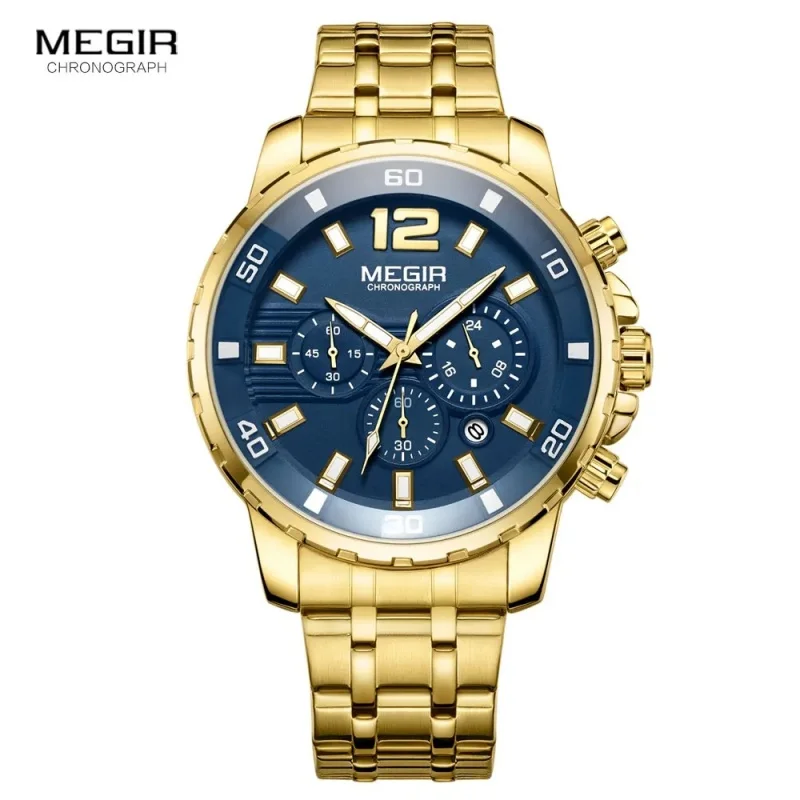 MEGIR 2068 Men\'s Business Sports Multifunctional Watch Casual Luxury Waterproof Stainless Steel Timing Quartz Watches for Men