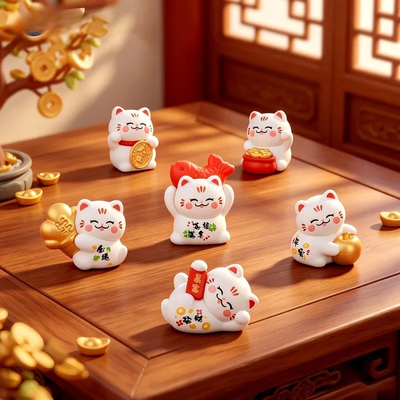 6pcs Chinese Good Luck Cat Cartoon Maneki Neko Ornaments Lucky Cat Model Figurine Luckly Wealth Home Desktop Car Decoration