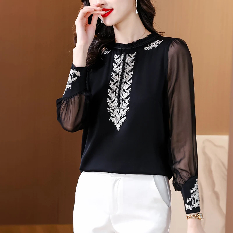 Spring Autumn Women\'s Solid Ruffled Neck Chiffon Button Lace Embroidered Lantern Long Sleeve T-shirt Casual Fashion Elegant Tops