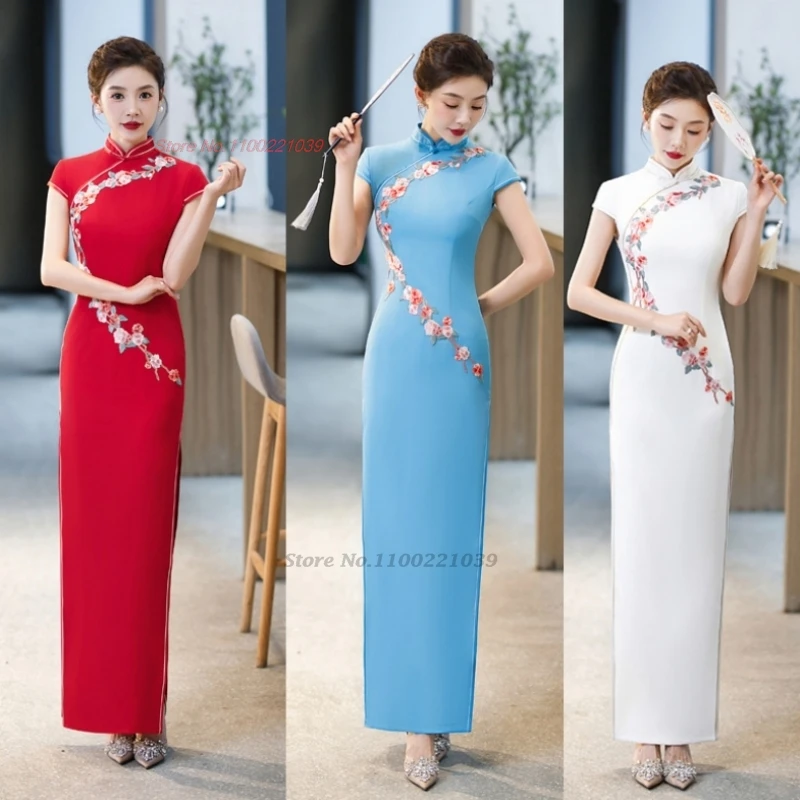 

2025 chinese vintage qipao dress mandarin collar improved cheongsam national flower embroidery evening banquet folk dress qipao