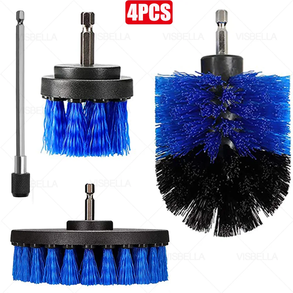 Brosse à récurer électrique, kit de perceuse, brosse ronde en plastique pour livres, tapis, verre, pneus de voiture, rallonge de brosses en nylon, 4