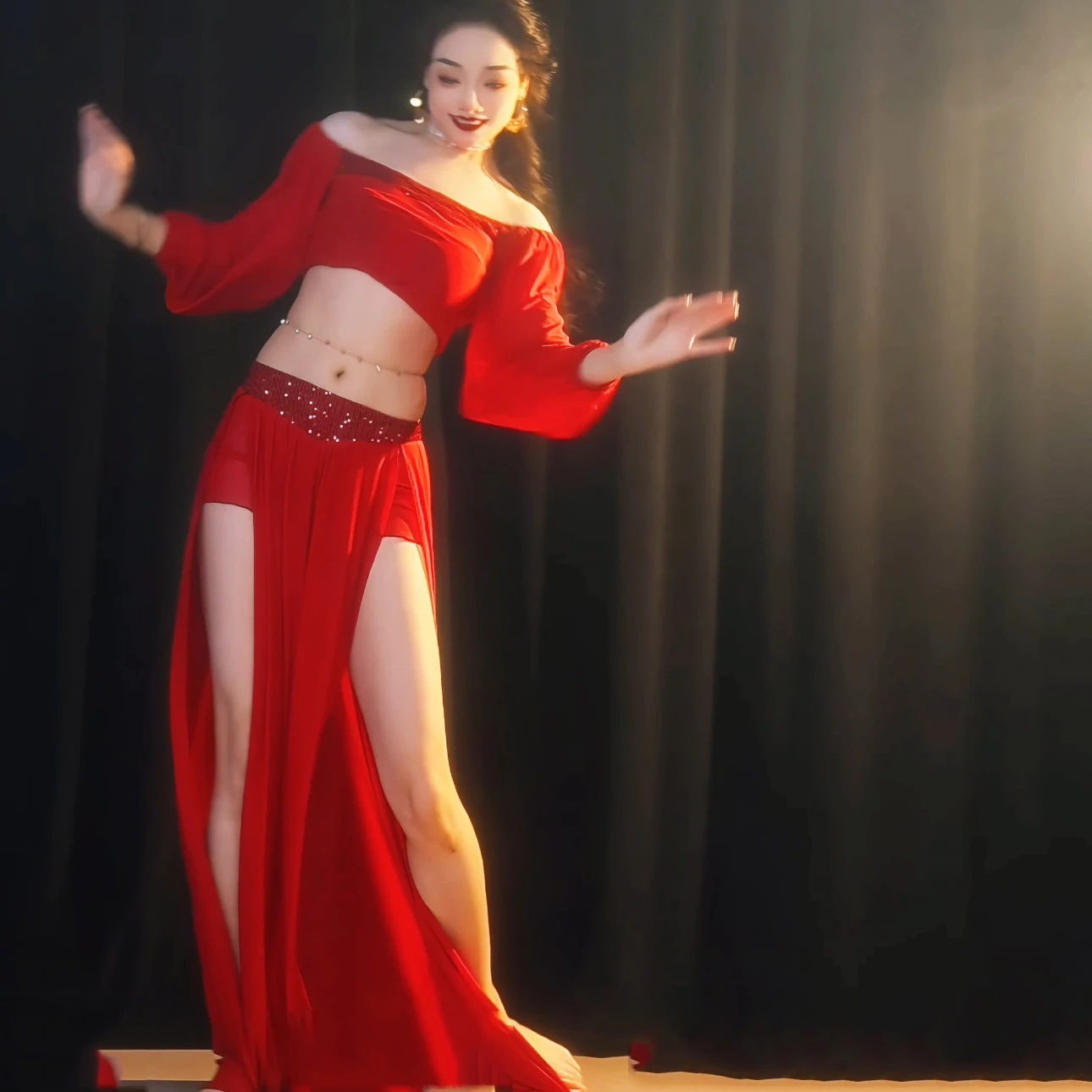 مجموعة أداء الرقص الشرقي بلوزة بأكمام طويلة مطرزة + تنورة طويلة مثيرة 2 قطعة ملابس ممارسة الرقص الشرقي للسيدات البالغات