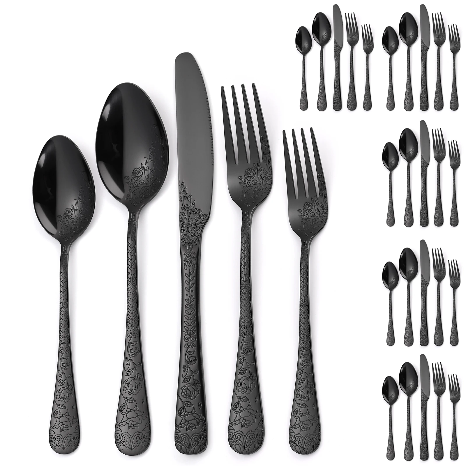 

A · HOUSEWAREFloral Flatware Set Black for 6 Stainless Steel Silverware 30 Piece Cutlery Unique Eating Utensil Tableware Stylish