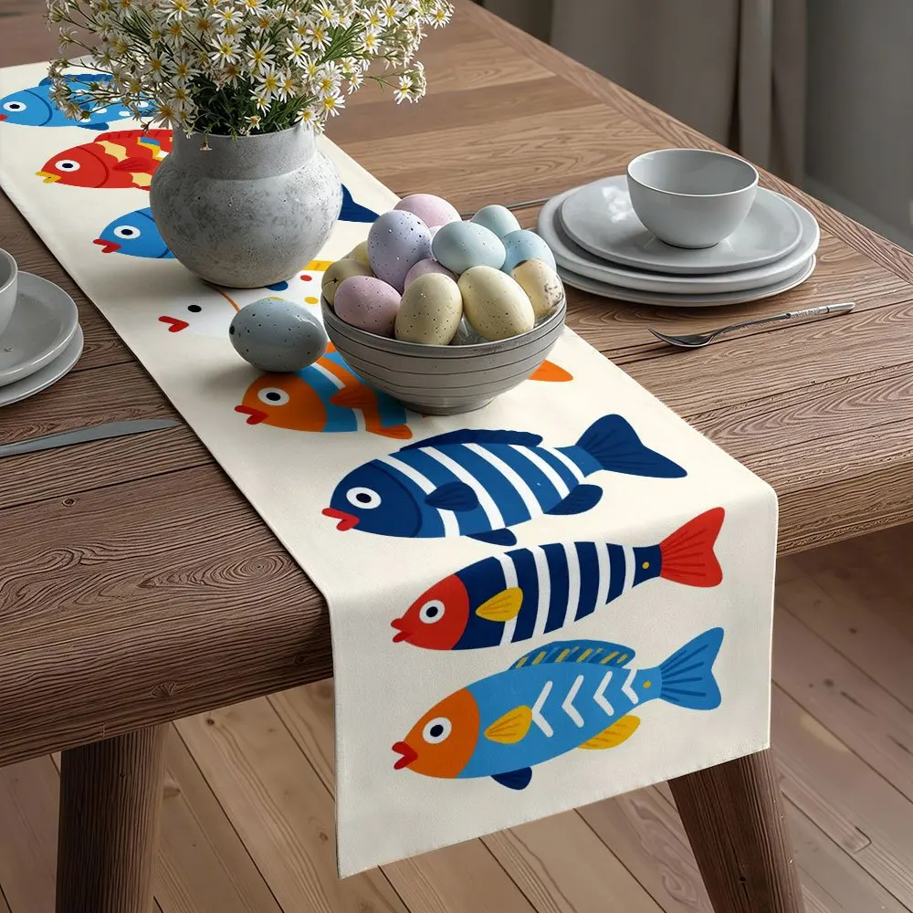 2D Print Multicolored Cartoon Fish Table Runner Kitchen Dining Decor Summer Picnic Party Gathering Table Ornament