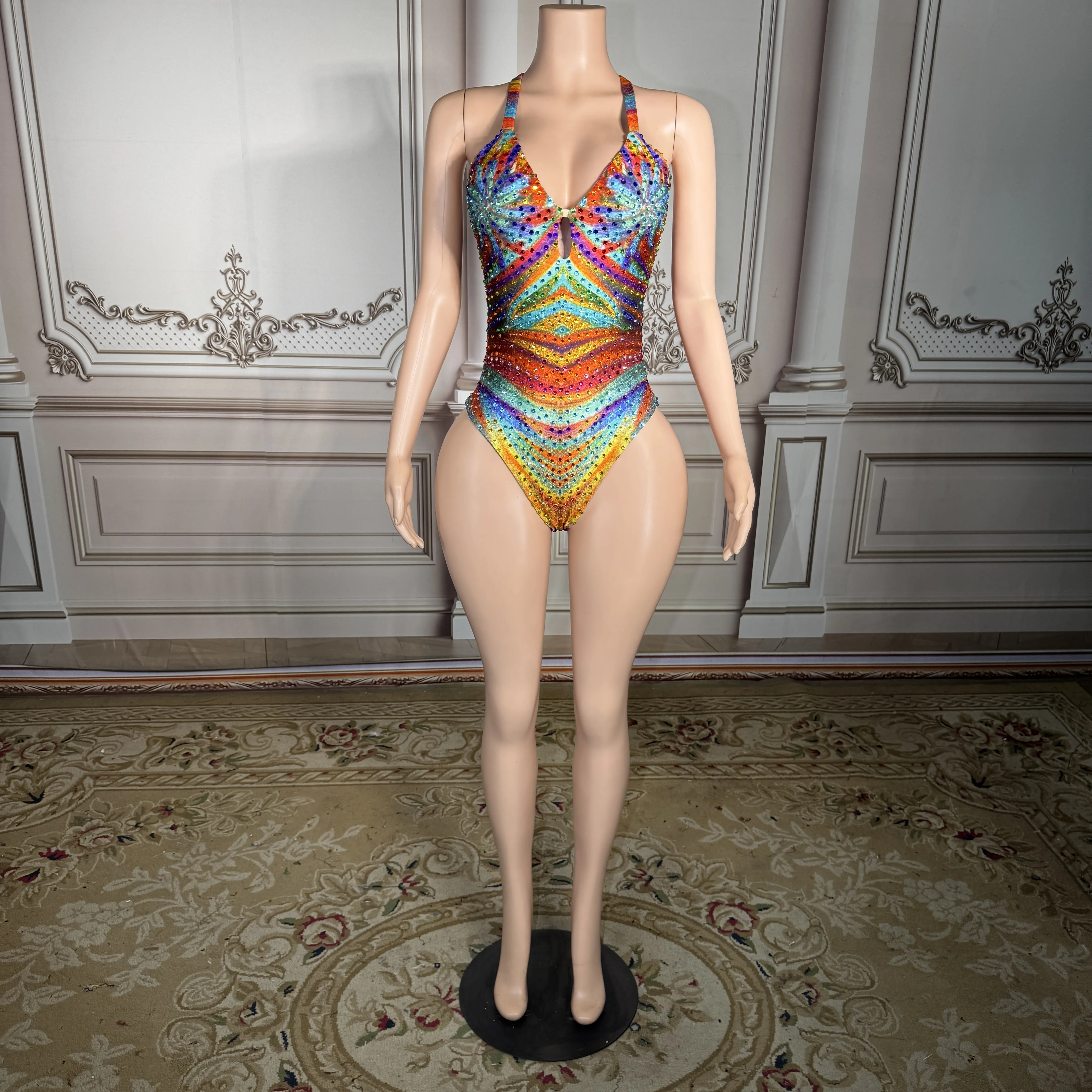 

ZD New Sexy Rainbow Bodysuit Women Sparkly Rhinestones V-Neck One Piece Swimsuit Summer Beachwear Vacation Suit