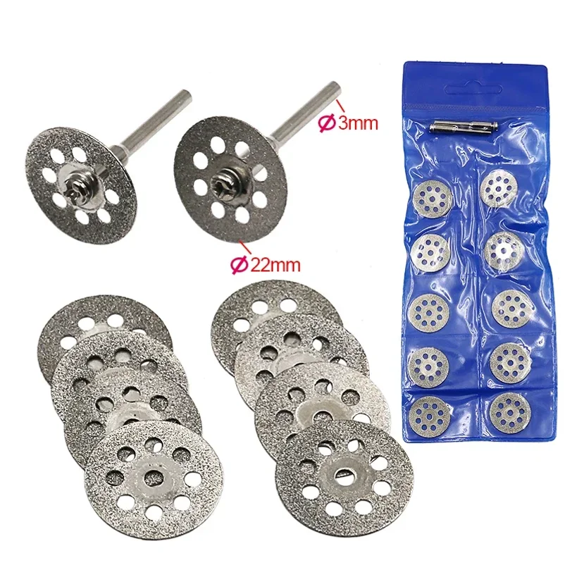 10Pcs 22mm Mini Sharp Diamond Cut Off Rotary Tool Cutting Disc Disks DIY Tools Accessories For Dremel with 2Pcs rod