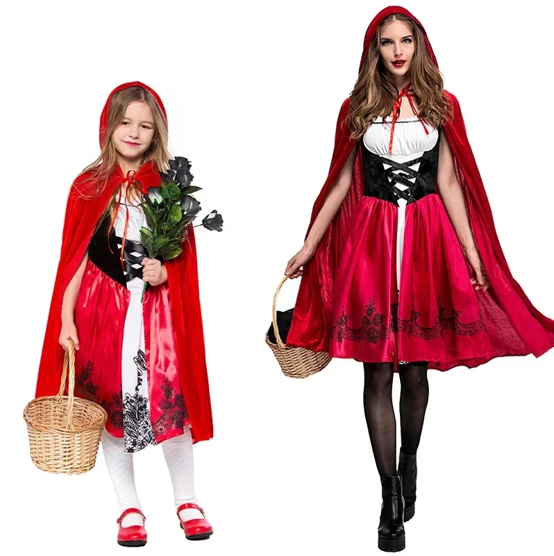 

Little Red Riding Hood Halloween Cosplay Costume For Women Girsl Vintage Sleeveless Corset-Style Dress With Removable Cape 2Pcs