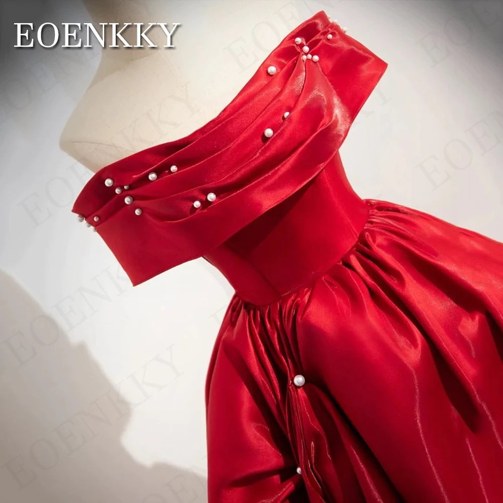 Robe de soirée longue en satin rouge pour femmes, robes d'occasion formelles, longueur au sol, col b Robe longue de soirée rouge, ligne A, perles  Robes d'occasion en satin à épaules dénudées  Womateau, A-ligne, perles