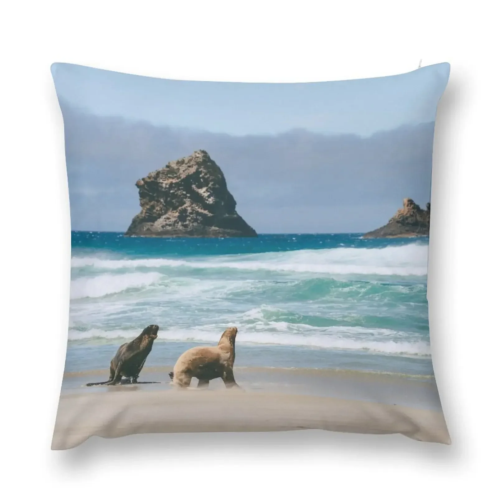 Sea Lions and Ocean Waves at Beach in Otago New Zealand Throw Pillow Embroidered Cushion Cover Christmas Covers pillow