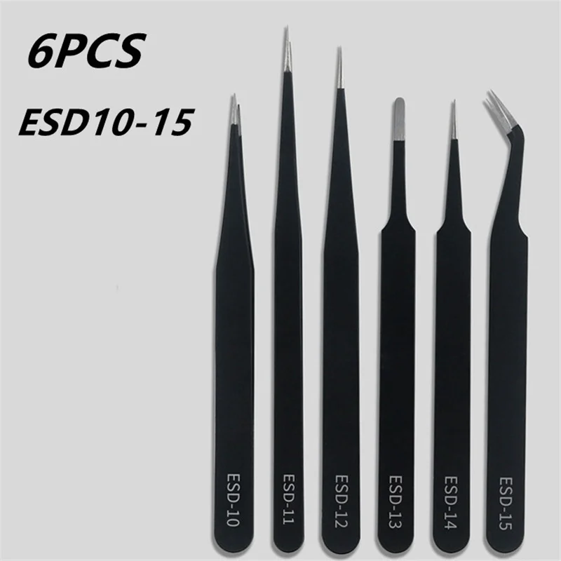 Aço inoxidável cílios Pinças, extensões de cílios, ESD10-15, Pinças sobrancelha, Lash Pinças Precision, 6pcs