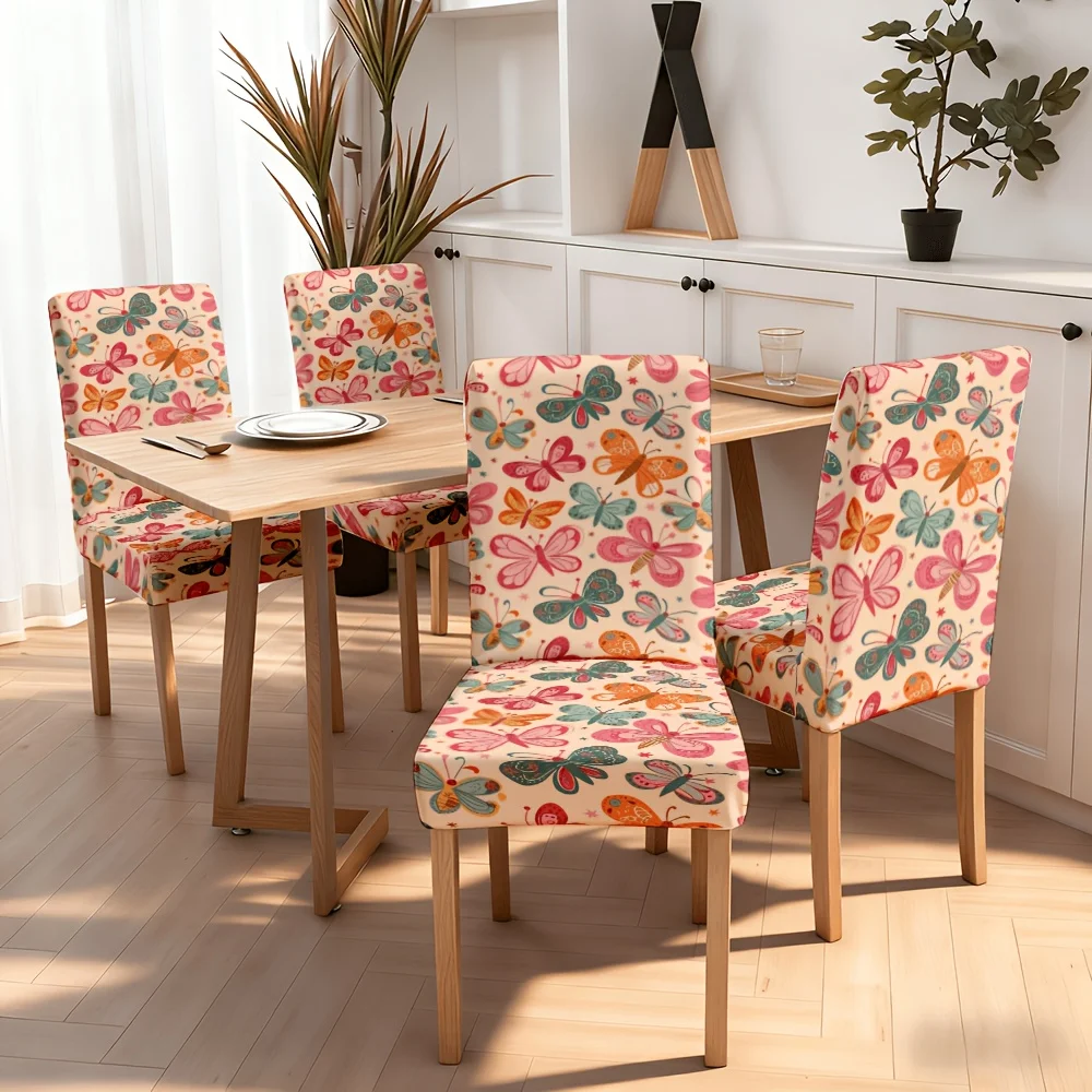 2/4/6pcs Chair Slipcover, Butterfly Print Elastic Chair Cover for Dining Room, Washable Modern Cute Boho Furniture Protector