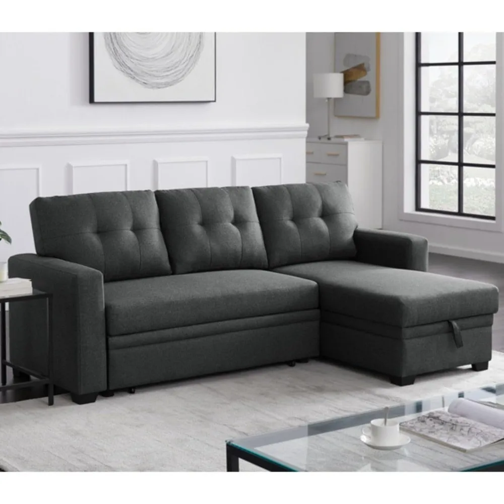 

L-Shaped Polyester Fabric Reversible, Easy Convertible Pull-Out Sleeper Sectional Sofa/Storage Chaise with Tufted Back Cushions